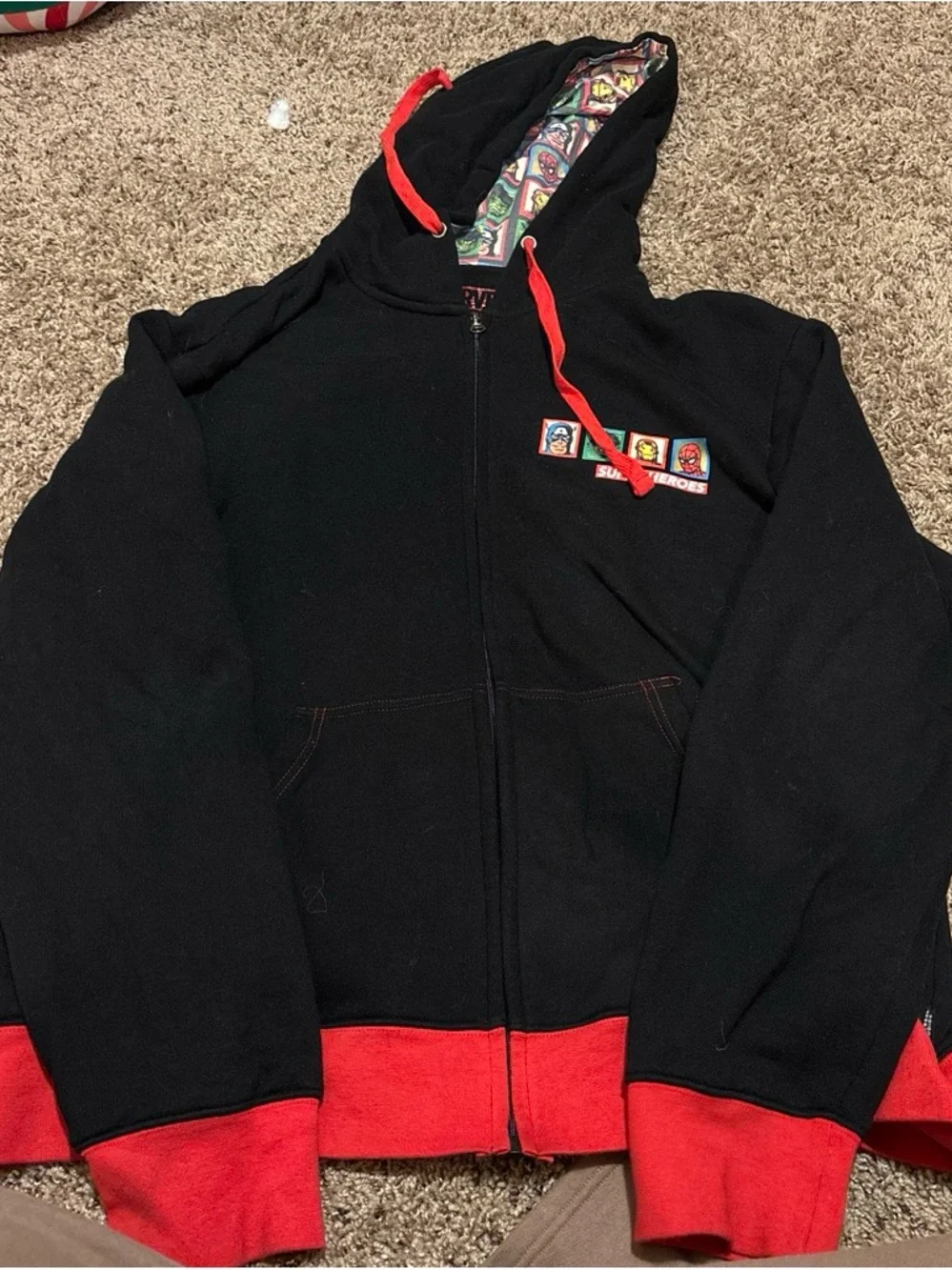 Marvel Black Hoodie with Red Trim and Superhero Patch